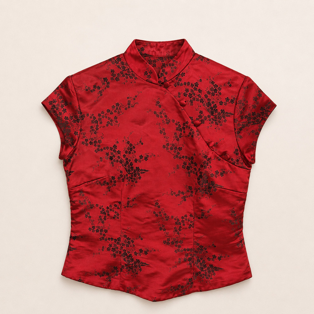 Vtg 90s Xscape Joanna Chen Red Satin Jacquard Qipao Blouse Mandarin Whimsigoth S